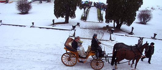 Vinterbröllop utomhus med häst och vagn på slottet