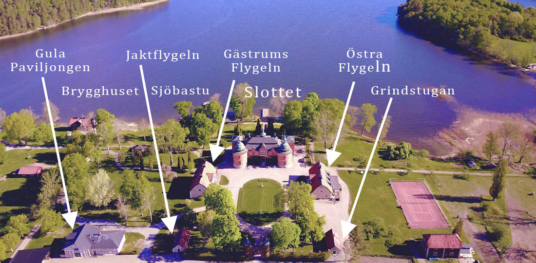 Flygbild visar husens belägenhet i slottsparken på Rockelstad